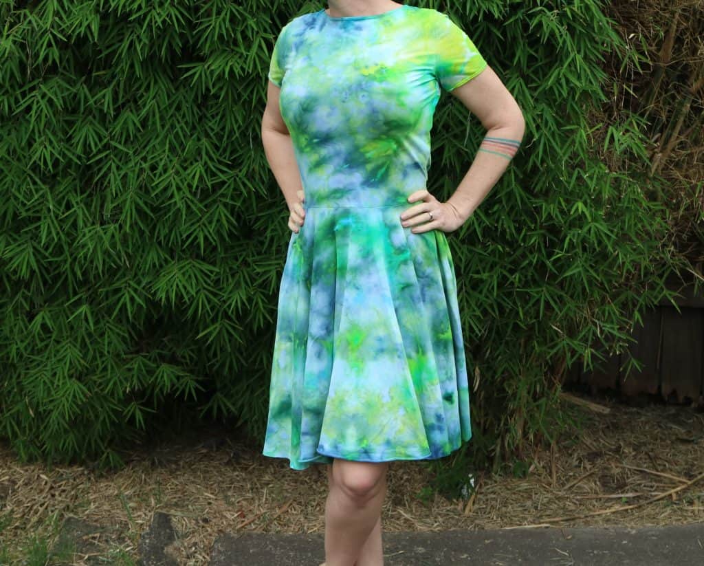 Ice-dyed dress, using ice-dye technique on white knit dress