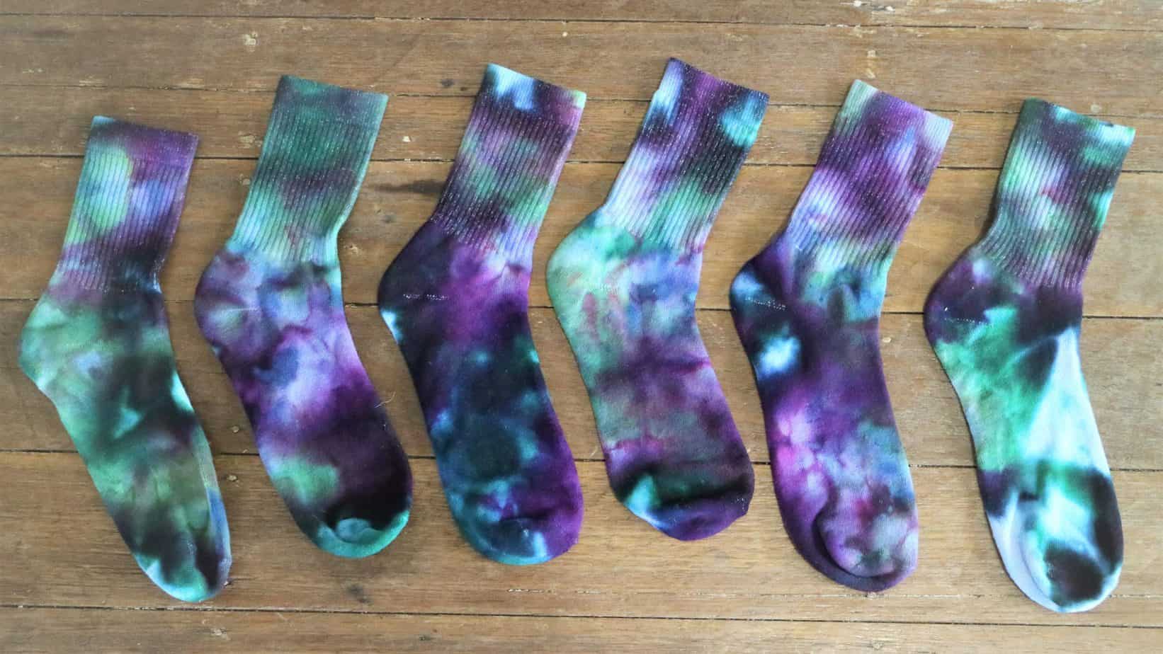 Tie-dye socks - ice-dyed purple and green crew socks