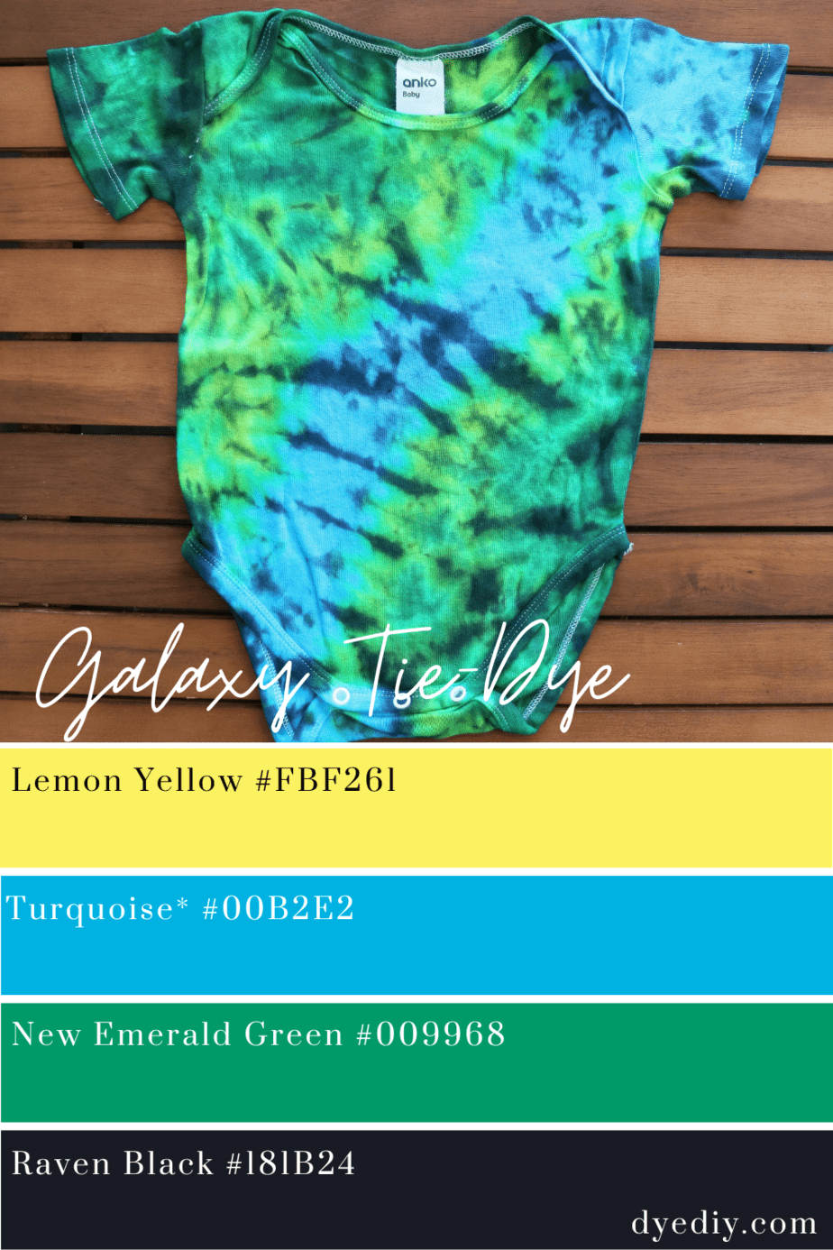 Blue and green galaxy tie-dyed baby onesie dye palette